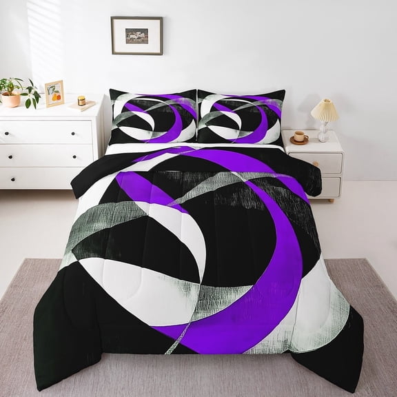 Erosebridal Geometric Round Bedding Twin Comforter Set,Black Purple Down Comforter,Abstract Artwork Bedding Sets Twin with Comforter,Lightweight Circle Room Decor,Reversible,3pcs
