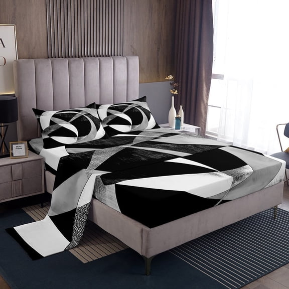 Erosebridal Geometric Round Sheet Set Twin,Black Grey Bedding Sets Twin Size,Abstract Artwork Twin Sheet Sets,Lightweight Circle Room Decor,3pcs