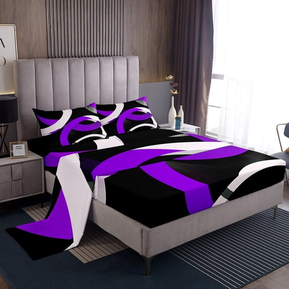Erosebridal Geometric Round Sheet Set Twin,Black Purple Bedding Sets Twin Size,Abstract Artwork Twin Sheet Sets,Lightweight Circle Room Decor,3pcs
