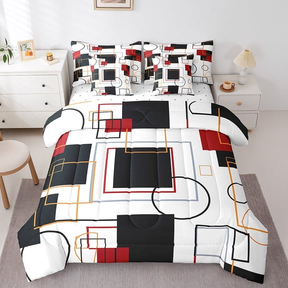 Erosebridal Geometric Sqare Bed in a Bag Full Size, Contemporary Abstract Bed Set, Geometry Circle Bed Sheets Setp with Comforter, Breathable Room Decorative, Reversible 7 Pieces