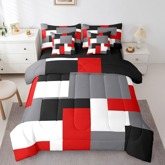 Erosebridal Geometric Sqare Bedding Sets Twin Size,Abstract Artwork Comforter Sets with Sheets,Black Red Bed in a Bag Twin size,Ultra Soft Rectangle Room Decor,Reversible,7pcs