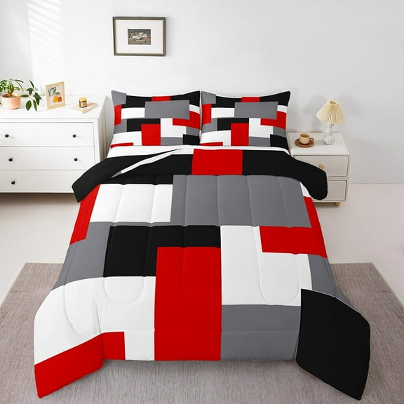 Erosebridal Geometric Sqare Bedding Twin Comforter Set,Abstract Artwork Down Comforter,Black Red Bedding Sets Twin with Comforter,Ultra Soft Rectangle Room Decor,Reversible,3pcs