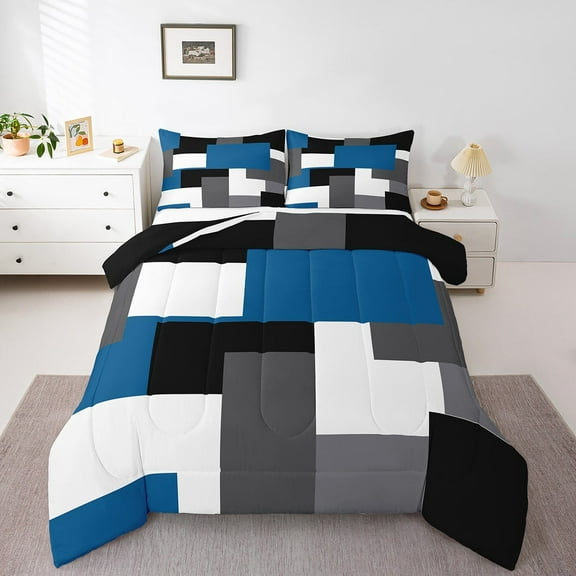 Erosebridal Geometric Sqare Bedding Twin Comforter Set,Abstract Artwork Down Comforter,Grey Blue Bedding Sets Twin with Comforter,Ultra Soft Rectangle Room Decor,Reversible,3pcs