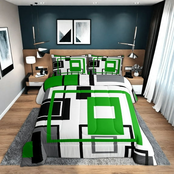 Erosebridal Geometric Square Bedding Set Black White Lime Green Grey Comforter Set Queen Abstract Geometry Stripes Down Comforter Teen Soft Lightweight Modern Quilt Duvet 2 Pillow Cases
