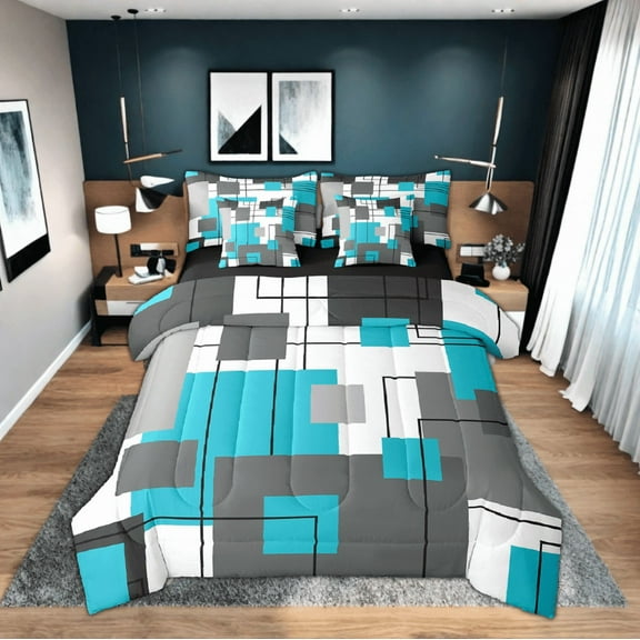 Erosebridal Geometric Square Down Comforter 7 Piece Full Teal Grey Bed In A Bag Black Gray Turquoise Geometry Comforter Set Adults Modern Abstract Lines Bed Set Rustic Farmhouse Bedding