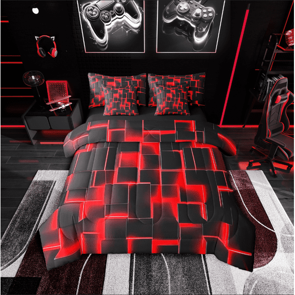 Erosebridal Geometric Stereoscopic Bedding Queen Size,Buffalo Plaid Bedding Sets Queen Size,Gradient Bedroom Decor,Reversible,Lightweight,7 Pieces