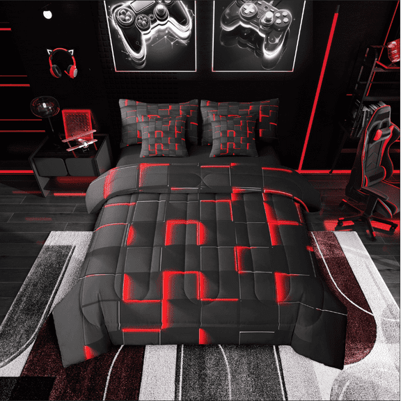 Erosebridal Geometric Stereoscopic Bedding Sets Twin Size,Buffalo Plaid Comforter Sets with Sheets,Gradient Bedroom Decor,Reversible,7pcs