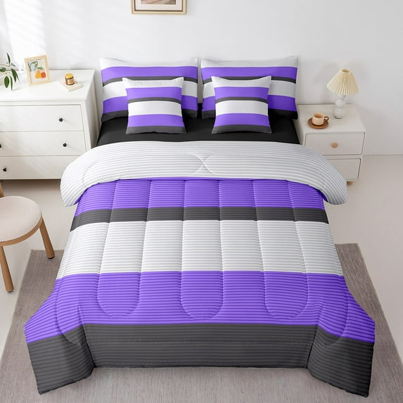 Erosebridal Geometric Stripes Bed in a Bag Full size,Grey Purple Bed Set,Abstract Artwork Bedding Full Size,Breathable Lines Room Decoration,Reversible,7-Piece