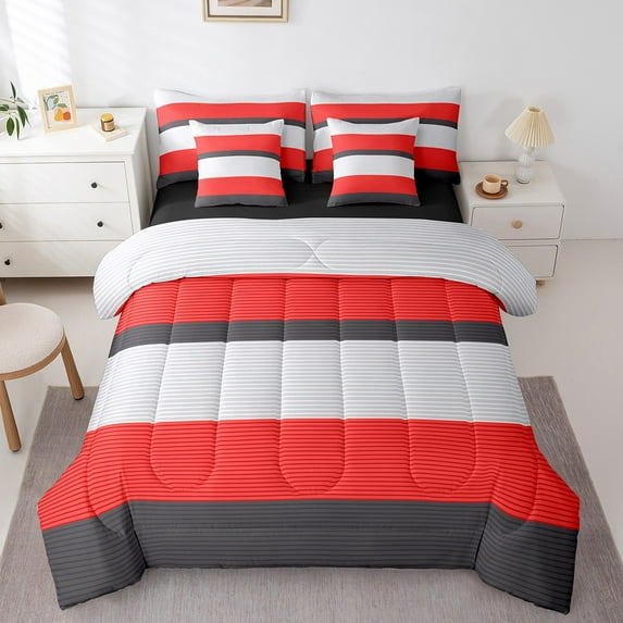 Erosebridal Geometric Stripes Bed in a Bag Full size,Grey Red Bed Set,Abstract Artwork Bedding Full Size,Breathable Lines Room Decoration,Reversible,7-Piece