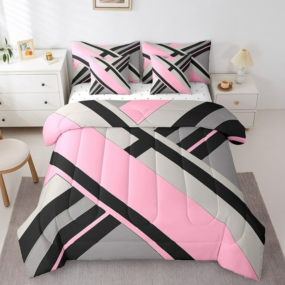 Erosebridal Geometric Stripes Bed in a Bag Twin Size,Modern Abstract Art Bed Set,Pink Gray Bedding Twin Size,Super Cozy Bedroom Decoration Reversible,7 Pieces