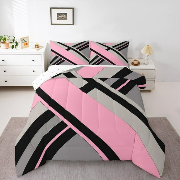 Erosebridal Geometric Stripes Bedding Sets Twin with Comforter,Modern Abstract Art Duvet Insert,Pink Gray Comforter Sets Twin Size,Super Cozy Bedroom Decoration Reversible,2pcs