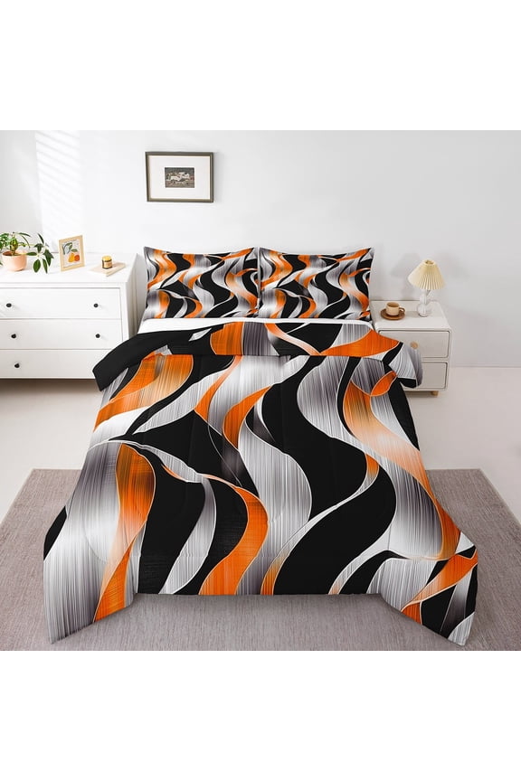 Geometric Stripes Bedding Twin Comforter Set,Black Orange Down Comforter,Spiral Swirl Bedding Sets Twin with Comforter,Microfiber Boys Bedroom Decor,Reversible,3pcs