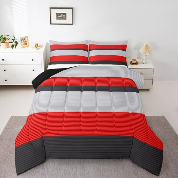 Erosebridal Geometric Stripes Bedding Twin Comforter Set,Grey Red Down Comforter,Abstract Artwork Bedding Sets Twin with Comforter,Breathable Lines Room Decoration,Reversible,3pcs
