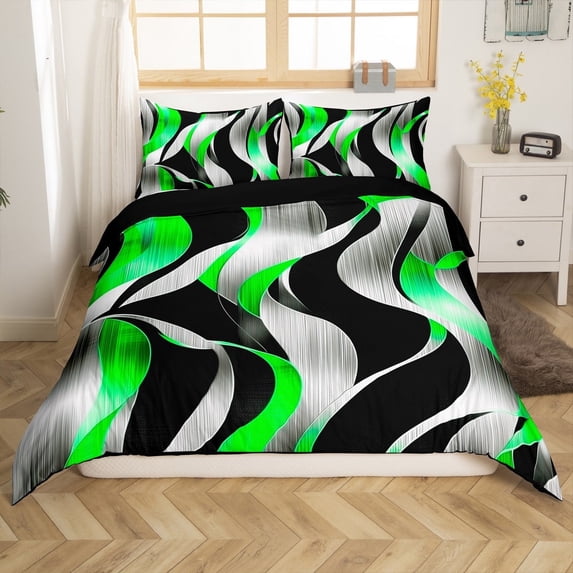 Erosebridal Geometric Stripes Comforter Cover Twin,Black Green Bedding Twin Size,Spiral Swirl Duvet Cover Twin,Microfiber Boys Bedroom Decor(No Comforter),Reversible,3pcs