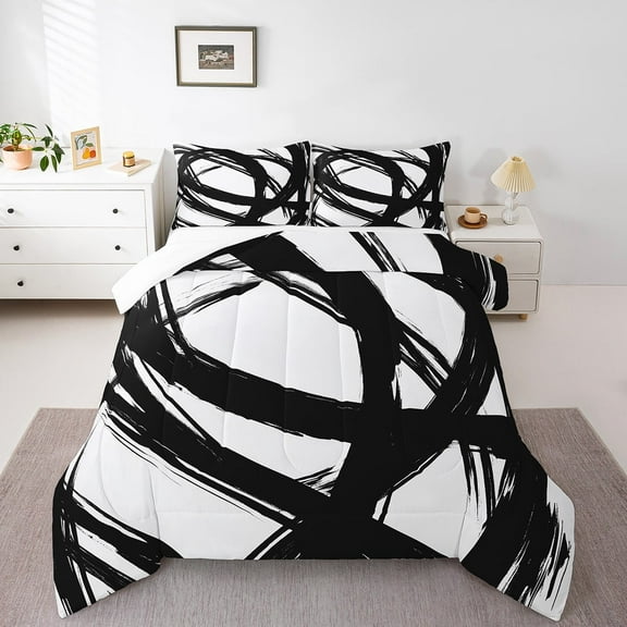 Erosebridal Geometric Stripes Comforter Sets Queen Size,Abstract Artwork Bedding Queen Comforter Set,Black White Bedding Sets Queen with Comforter,Ultra Soft Watercolor Bedroom Decorative,3 Pieces