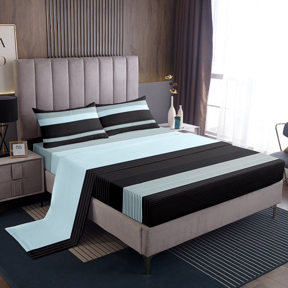 Erosebridal Geometric Stripes Full Sheet Sets,Black Blue Bedding Full Size,Abstract Artwork Bed Sheets Set Full Size,Breathable Lines Room Decoration,4pcs