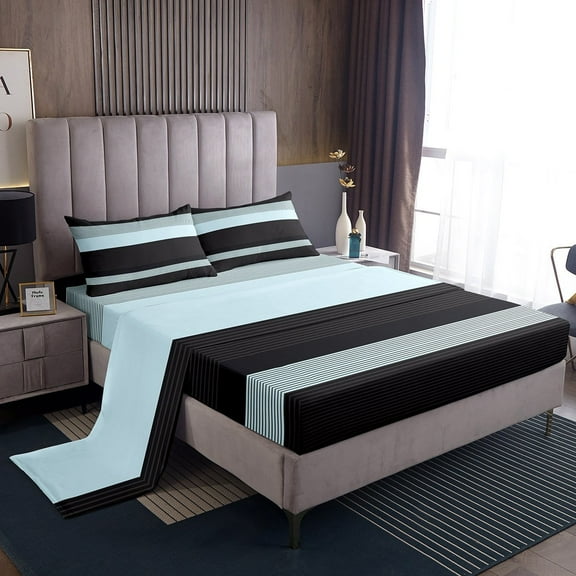 Erosebridal Geometric Stripes Sheet Set Twin,Black Blue Bedding Sets Twin Size,Abstract Artwork Twin Sheet Sets,Breathable Lines Room Decoration,3pcs