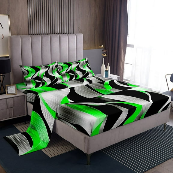Erosebridal Geometric Stripes Sheet Set Twin,Black Green Bedding Sets Twin Size,Spiral Swirl Twin Sheet Sets,Microfiber Boys Bedroom Decor,3pcs