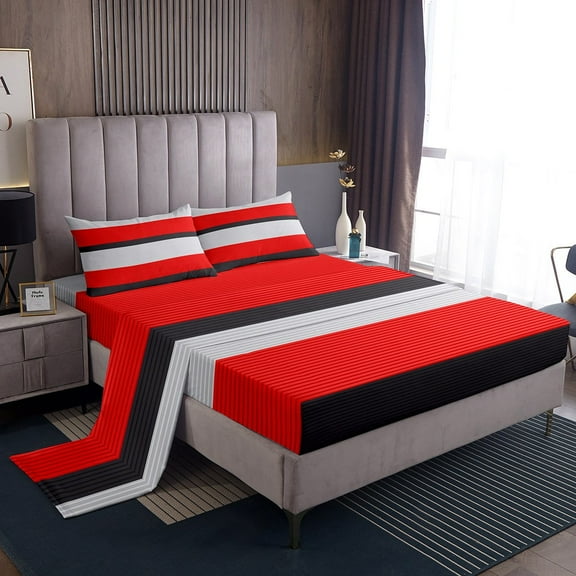 Erosebridal Geometric Stripes Sheet Set Twin,Grey Red Bedding Sets Twin Size,Abstract Artwork Twin Sheet Sets,Breathable Lines Room Decoration,3pcs