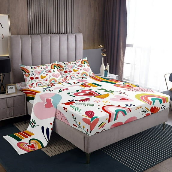 Erosebridal Floral Rainbow Bed Sheets King,Love Heart Bedding King Size,Cartoon Room Decorative,Super Cozy,4pcs