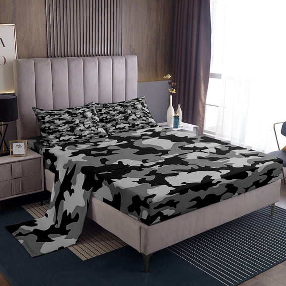 Erosebridal Teenager Camo Bed Sheets King,Black Grey Bedding King Size,Military Theme Decor,Super Cozy,4pcs