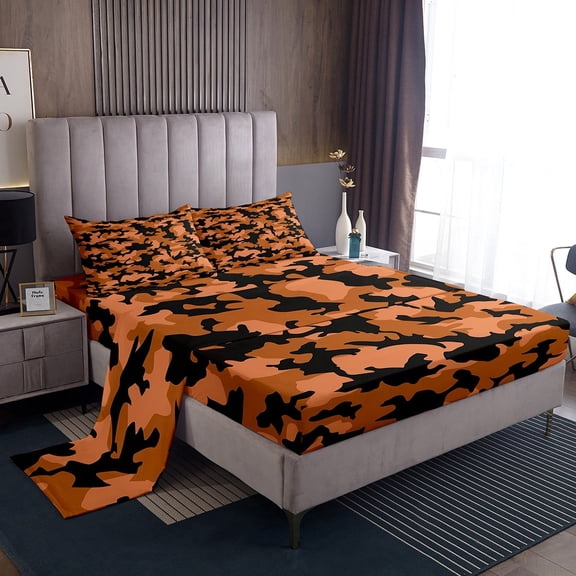 Erosebridal Teenager Camo Bed Sheets King,Black Orange Bedding King Size,Military Theme Decor,Super Cozy,4pcs