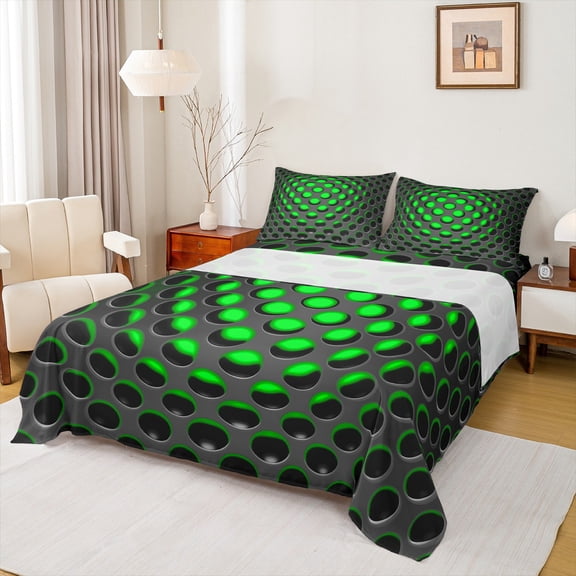 Erosebridal Geometric Twin Size Bedding Set,Neon Black Green Sheet Set 3D Abstract Geometry Honeycomb Bed Sheets For Teen Men,Geometrical Beehive Fitted Sheet + Flat Sheet + 1 Pillow Case