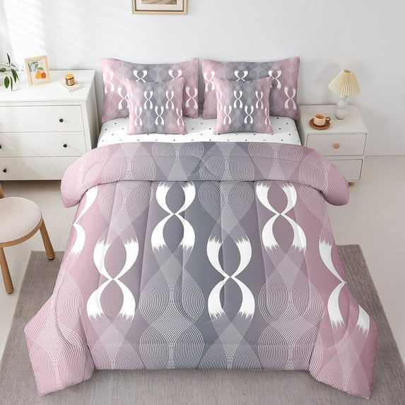 Erosebridal Geometrical Lines Bedding King Size,Wave Striped Bed Set,Gradient Gray Pink Bedding Sets King Size,Super Cozy Bedroom Decorative Reversible,7pcs