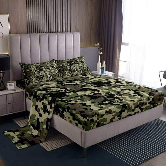 Erosebridal Geometry Camo Bed Sheets Set Queen Size, Vintage Camouflage Bed Sheets Queen, Teenager 4-Piece