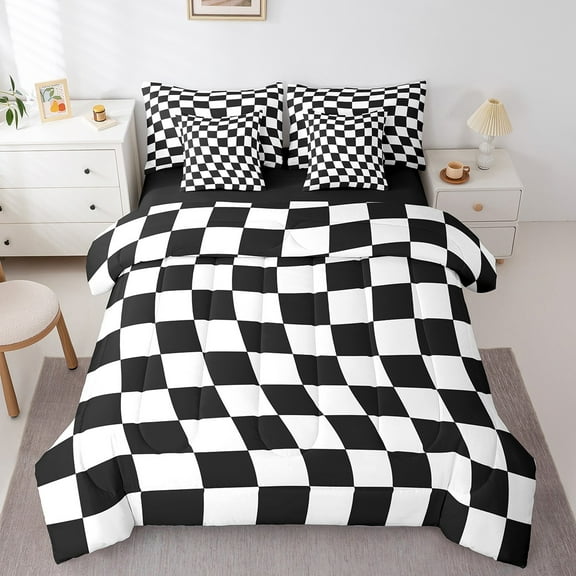 Erosebridal Geometry Checkered Bedding Sets Twin Size,Plaid Square Comforter Sets with Sheets,Buffalo Decor,Reversible,Breathable,7-Piece