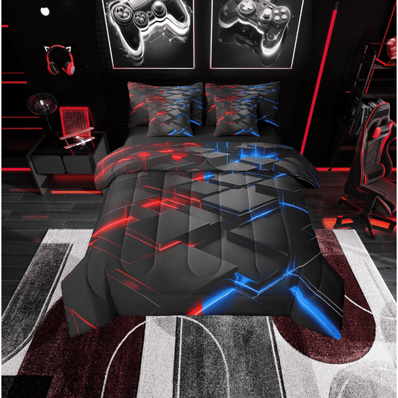 Erosebridal Geometry Geometric Bedding Sets King Size,Black Check Comforter Sets with Sheets,Red Blue Light Bed in a Bag King Size,Lightweight Bedroom Decorative Reversible,7-Piece