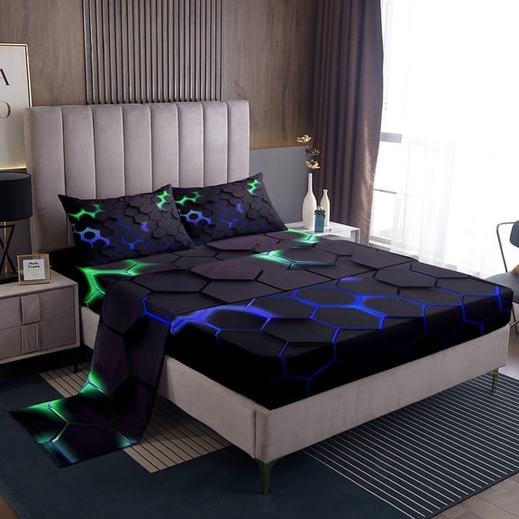 Erosebridal Geometry Hexagon Bed Sheets Set Twin Size, Neon Blue Green Honeycomb Bedding Sets Twin Size 3 Pieces