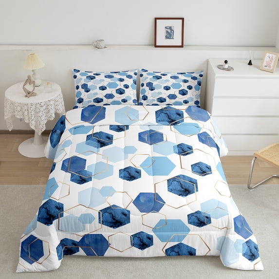 Erosebridal Geometry Hexagon Comforter Twin Navy Blue Bedding Set, Watercolor Honeycomb Down Comforter Abstract Tie Dye Bed Set, Luxury Gold Hexagon Quilted Duvet Microfiber