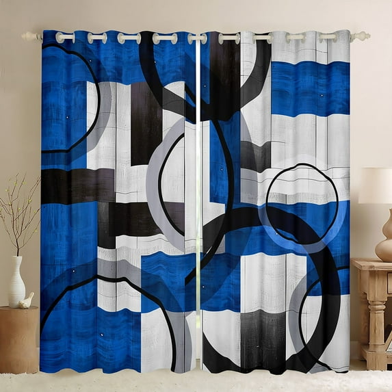 Erosebridal Geometry Swirl Checkered Curtains and Drapes (42x63), Contemporary Blue Gray Black 30%-50% Blackout Curtains for Bedroom
