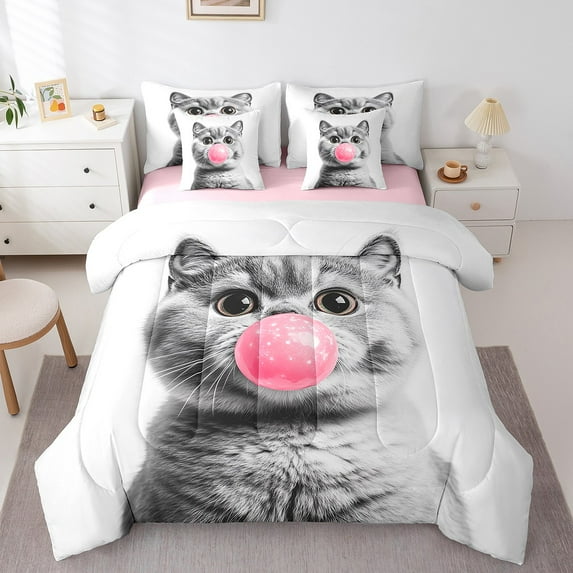 Erosebridal Gery Kitten Bed in a Bag Queen size, Pet Lover Bed Set, Kawaii Animal Reversible Comforter Sets, Lightweight Room Decoration, 7 Pieces