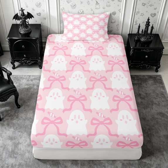 Erosebridal Ghost Candy Twin Fitted Sheet 2 Pieces,Cute Halloween Bedding,Pink White,1 Fitted Sheet and 1 Pillowcase