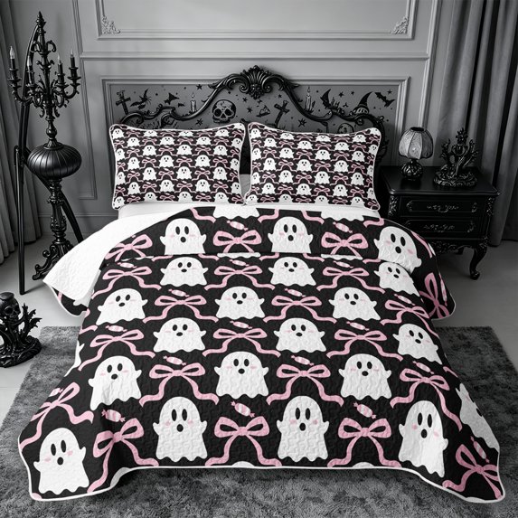 Erosebridal Ghost Candy Twin Quilt Set 2 Pieces,Cute Halloween Twin Coverlet Set,Black Pink,1 Bedspread and 1 Pillowcase