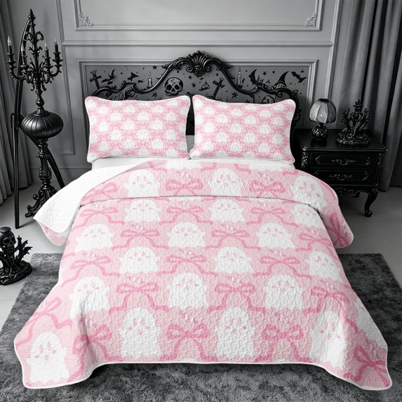 Erosebridal Ghost Candy Twin Quilt Set 2 Pieces,Cute Halloween Twin Coverlet Set,Pink White,1 Bedspread and 1 Pillowcase