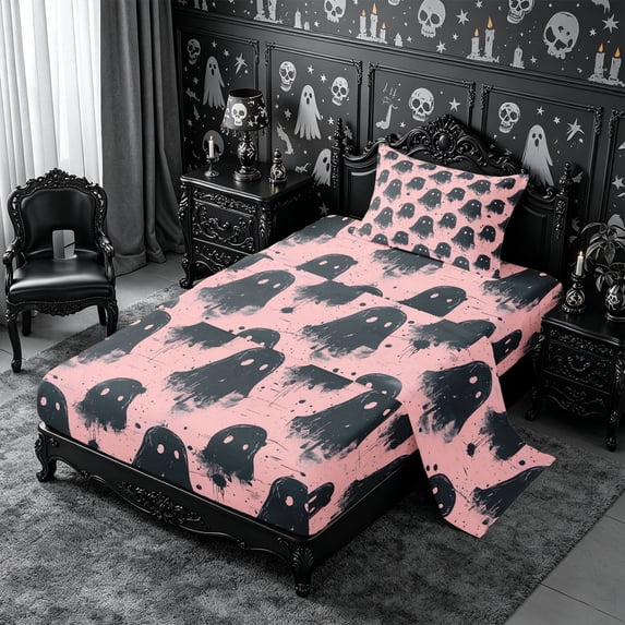 Erosebridal Ghost Graffiti Twin Sheets 3pcs,Cute Halloween Bedding,Dark Pink,1 Flat Sheet, 1 Fitted Sheet and 1 Pillowcase