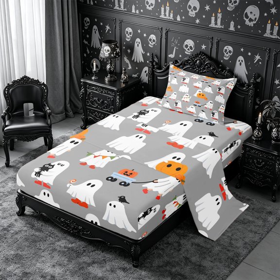 Erosebridal Ghost Party Twin Sheets 3pcs,Cute Halloween Bedding,Grey,1 Flat Sheet, 1 Fitted Sheet and 1 Pillowcase