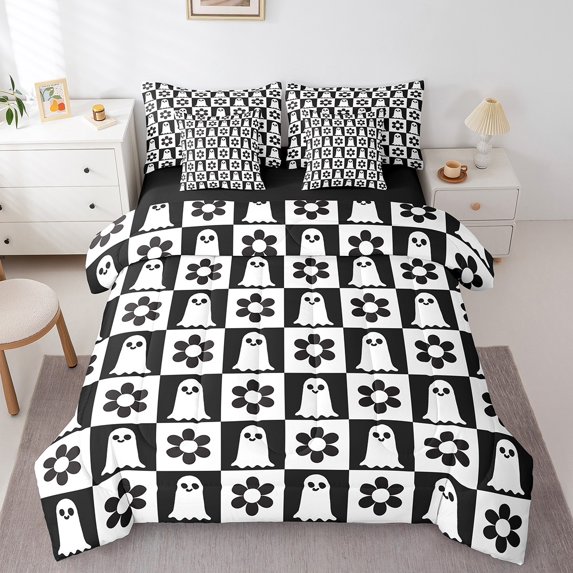 Erosebridal Ghthic Ghost Flower Bedding Full Size,Geometric Patchwork Buffalo Comforter Sets with Sheets,Black White Bedding Sets Full Size,Lightweight Bedroom Decor Reversible,7pcs