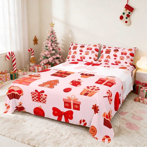 Manfei Gift Bed Sheets Christmas Full Size Sheets, Black Red 4-Piece (1 Flat Sheet, 1 Fitted Sheet and 2 Pillowcases)