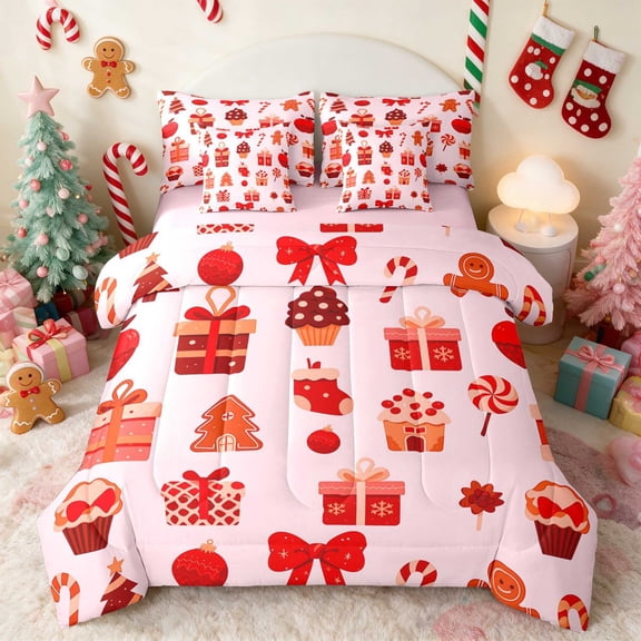 Manfei Gift Twin Bedding 7pcs Christmas Bedding Comforter Set, Black Red, Pink Reversible