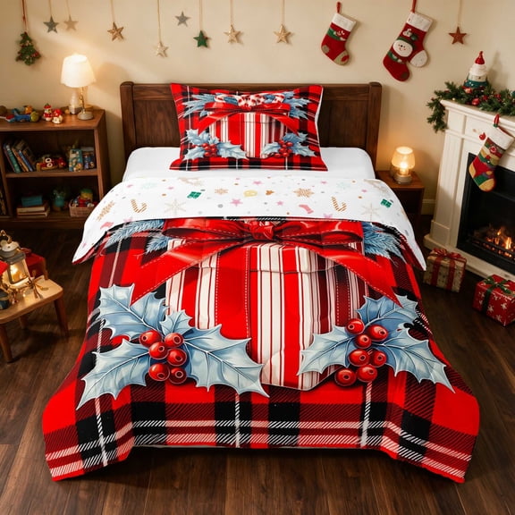 Manfei Gift Twin Comforter Sets Christmas Bedding Set, Rust Cream 2pcs 1 Comforter and 1 Pillowcase, Xmas Reversible