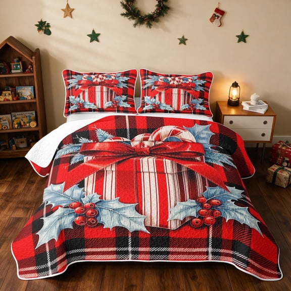 Manfei Gift Twin Quilt Set Christmas Twin Coverlet Set, Rust Cream 2pcs 1 Bedspread and 1 Pillowcase