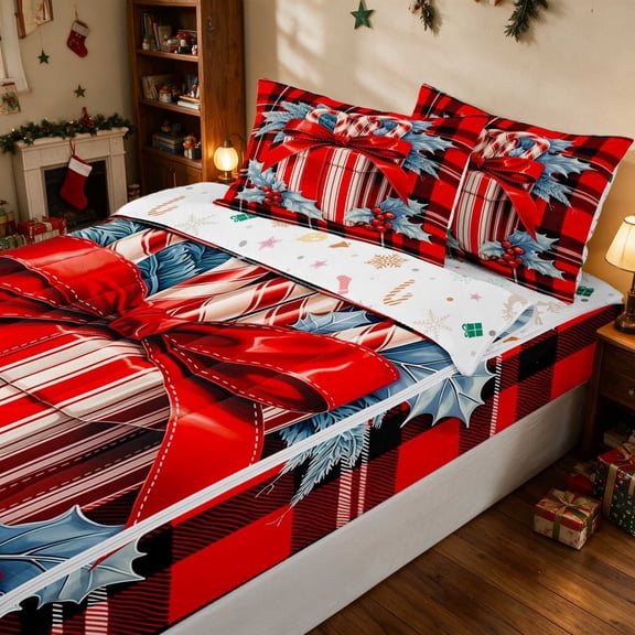 Manfei Gift Zipper Twin Comforter Sets with Fitted Sheet and 2 Pillowcases Christmas Zipper Bedding Set, Rust Cream, Xmas Reversible