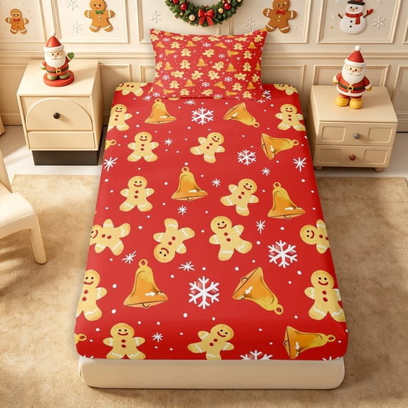 Erosebridal Gingerbread Bells Twin Fitted Sheet 2 Pieces,Christmas Baking Bedding,Red,1 Fitted Sheet and 1 Pillowcase