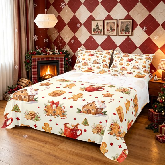 Erosebridal Gingerbread Cocoa Bed Sheets, Christmas Cookie Full Size Sheets, Cream, Christmas Reversible, 4pcs, 1 Flat Sheet, 1 Fitted Sheet and 2 Pillowcases