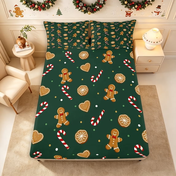 Erosebridal Gingerbread Cookies Fitted Sheet Full 3 Pieces,Christmas Baking Bed Set,Dark Green,1 Fitted Sheet and 2 Pillowcases