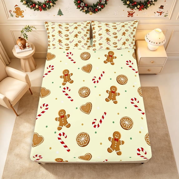 Erosebridal Gingerbread Cookies Fitted Sheet Queen 3-Piece,Christmas Baking Bedding,Cream,1 Fitted Sheet and 2 Pillowcases